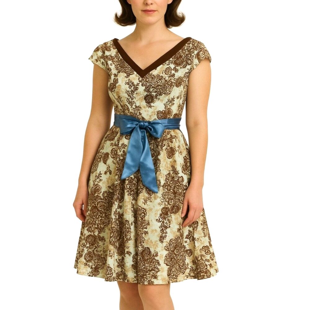 Rabbit Rabbit Rabbit Brown Aqua Paisley Fit & Flare SS Knee Length Dress Size 16
